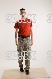 Walking reference of whole body red shirt army jeans brown…